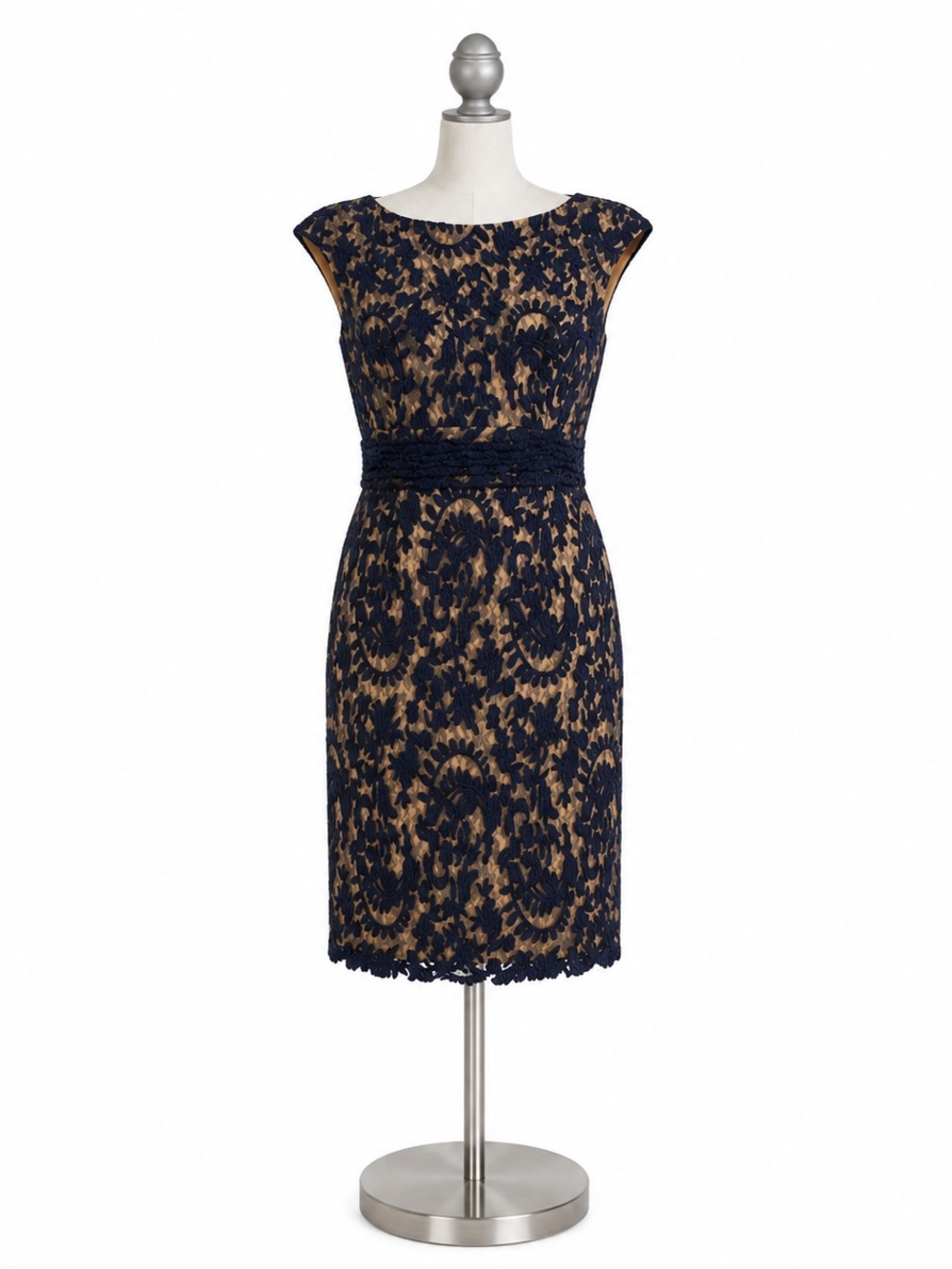 Adrianna Papell Navy Lace Sheath Dress with Nude Lining Size 16